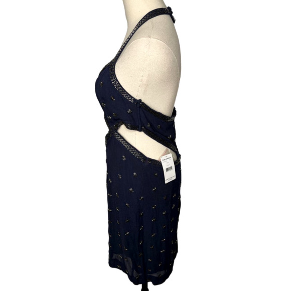 NWT! Free People 8 BEADED Halter Boho V-Neck Navy Blue Morning Dew Cut Out Dress - Picture 6 of 11